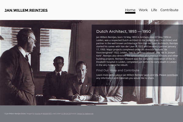 Website development by Mike Cygalski of digibee.net Web Design in London Ontario. Homepage screenshot of the website for Jan Willem Reintjes, a Dutch architect.