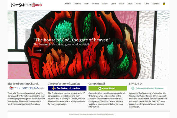 Web development by Mike Cygalski of digibee.net Web Design. New Saint James church website homepage screenshot.