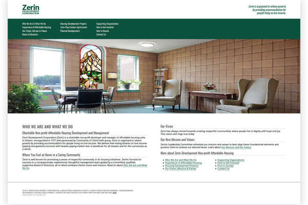 Web design by Mike Cygalski of digibee.net in London Ontario. Zerin Development Corporation homepage design screenshot.
